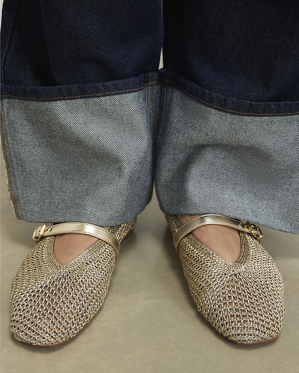 Gold Crochet MaryJane Flat Ballet Pumps | River Island UK & IE