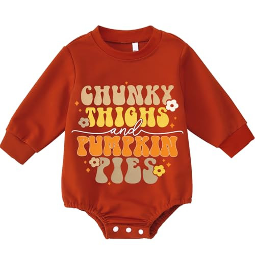 SOFEON Infant Baby Girls Thanksgiving Romper Chunky Thighs And Pumpkin Pies Outfits Bubble Sweatshirt Onesie Fall Clothes(Orange-02,12-18M) | Amazon (US)