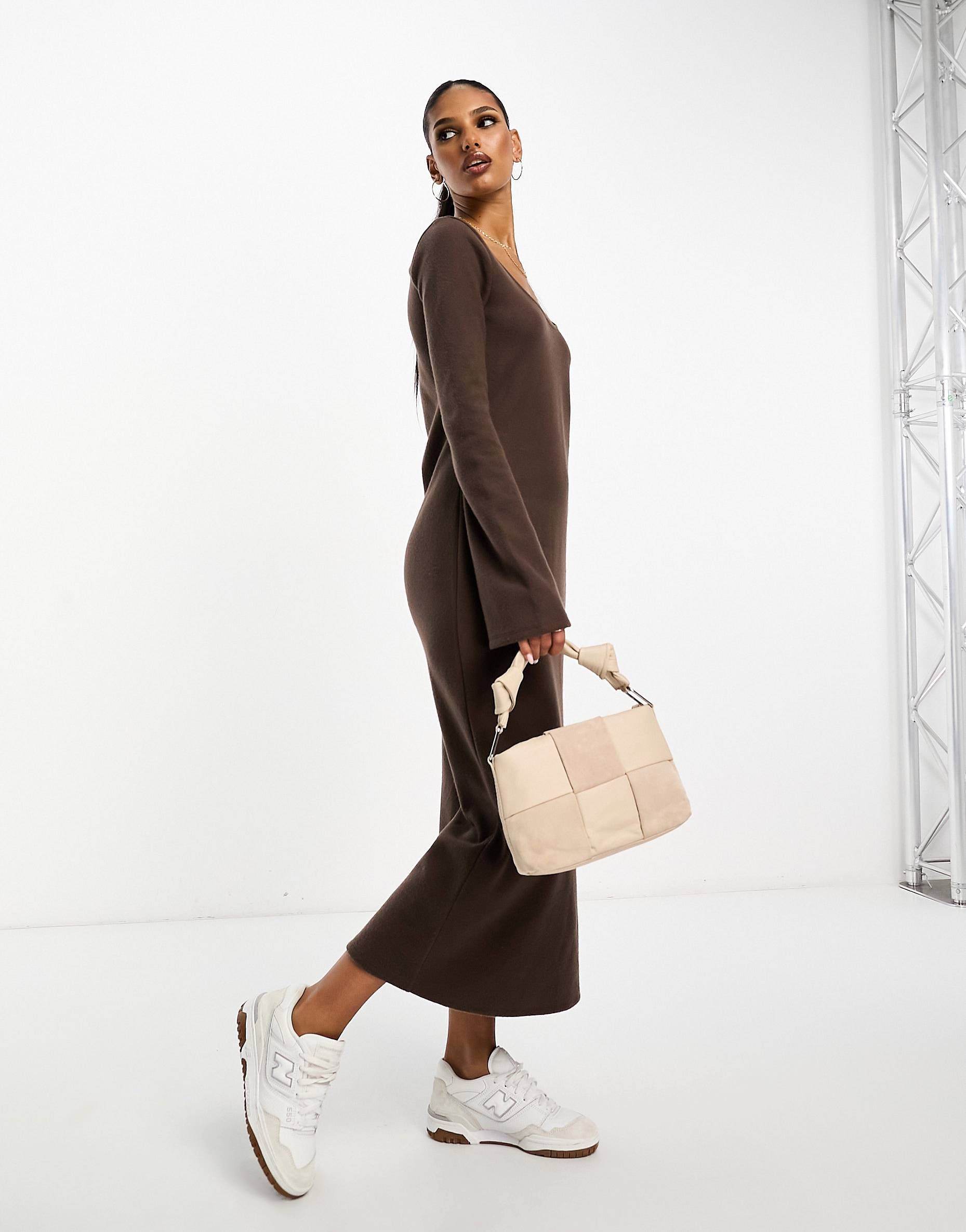 ASOS DESIGN supersoft scoop neck maxi dress with flare sleeves in brown | ASOS (Global)