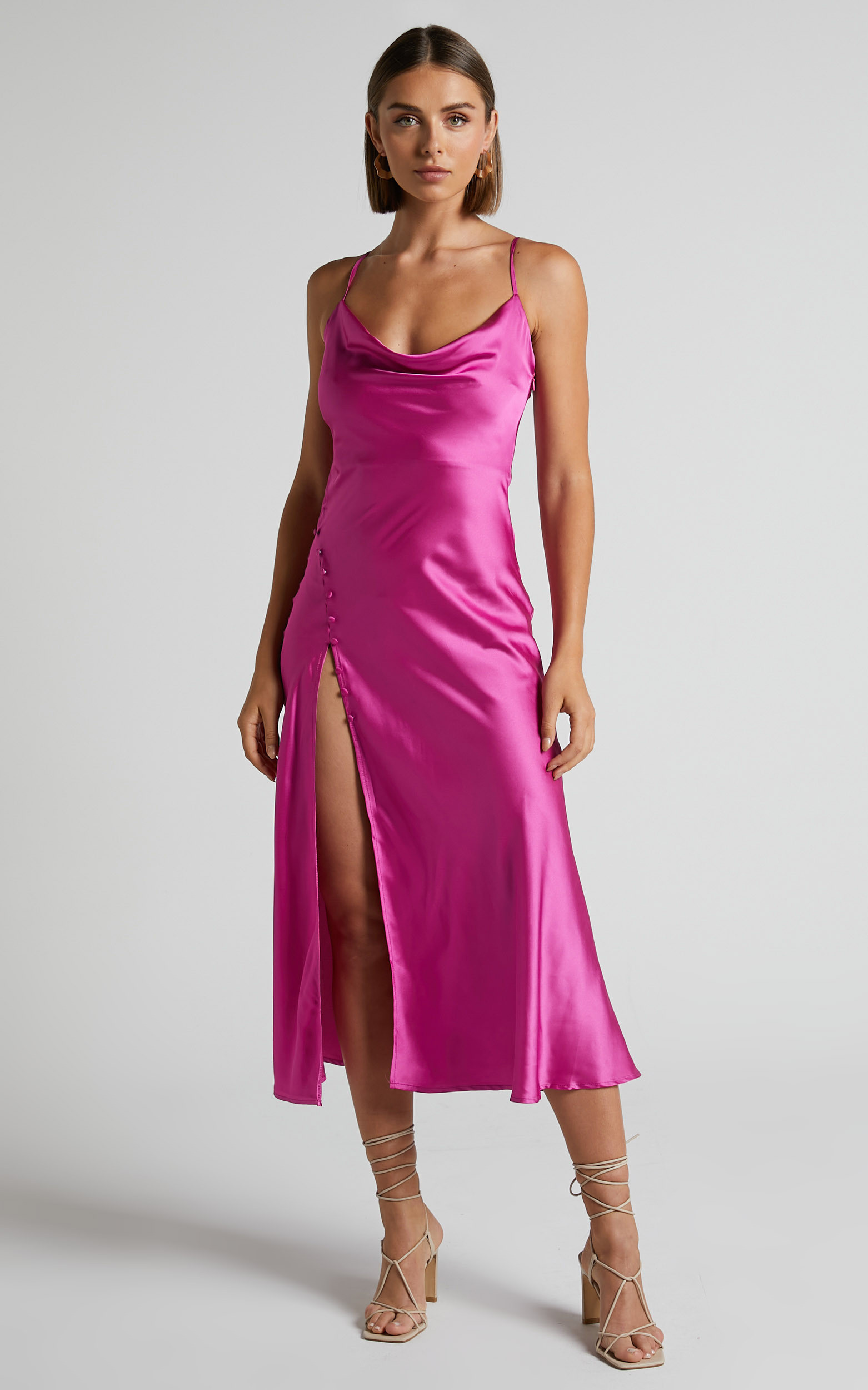 Flordeliza Midi Dress - Cowl Neck Thigh Slit Slip Dress in Pink | Showpo (US, UK & Europe)