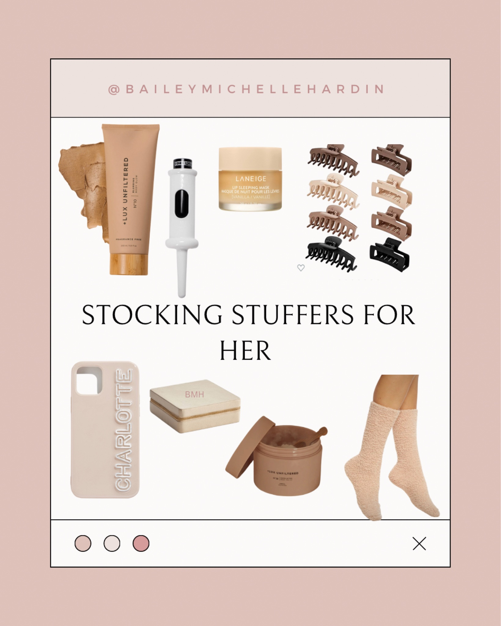 GIFT GUIDES GOING UP THIS WEEK! If you need stocking stuffer ideas or small gifts for your sister, friend, neighbor here they are! I’m a gift basket girly and these are all perfect to include. 
Bauble bar phone case, barefoot dreams socks, monogrammed jewelry case, travel jewelry case, Lux unfiltered body scrub and blurring cream, cork pops for the wine lover, lip sleeping mask, and neutral hair clips! 🤍

#LTKunder50 #LTKSeasonal #LTKHoliday