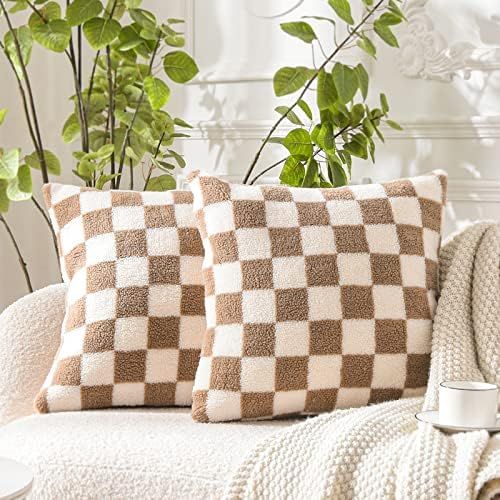 Amazon.com: WACOMECO Decorative Throw Pillow Covers - Soft Sherpa Checkerboard Cushion Covers Fau... | Amazon (US)