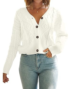 MEROKEETY Women's Long Sleeve Open Front Cable Knit Crop Cardigans V Neck Button Sweaters with Po... | Amazon (US)