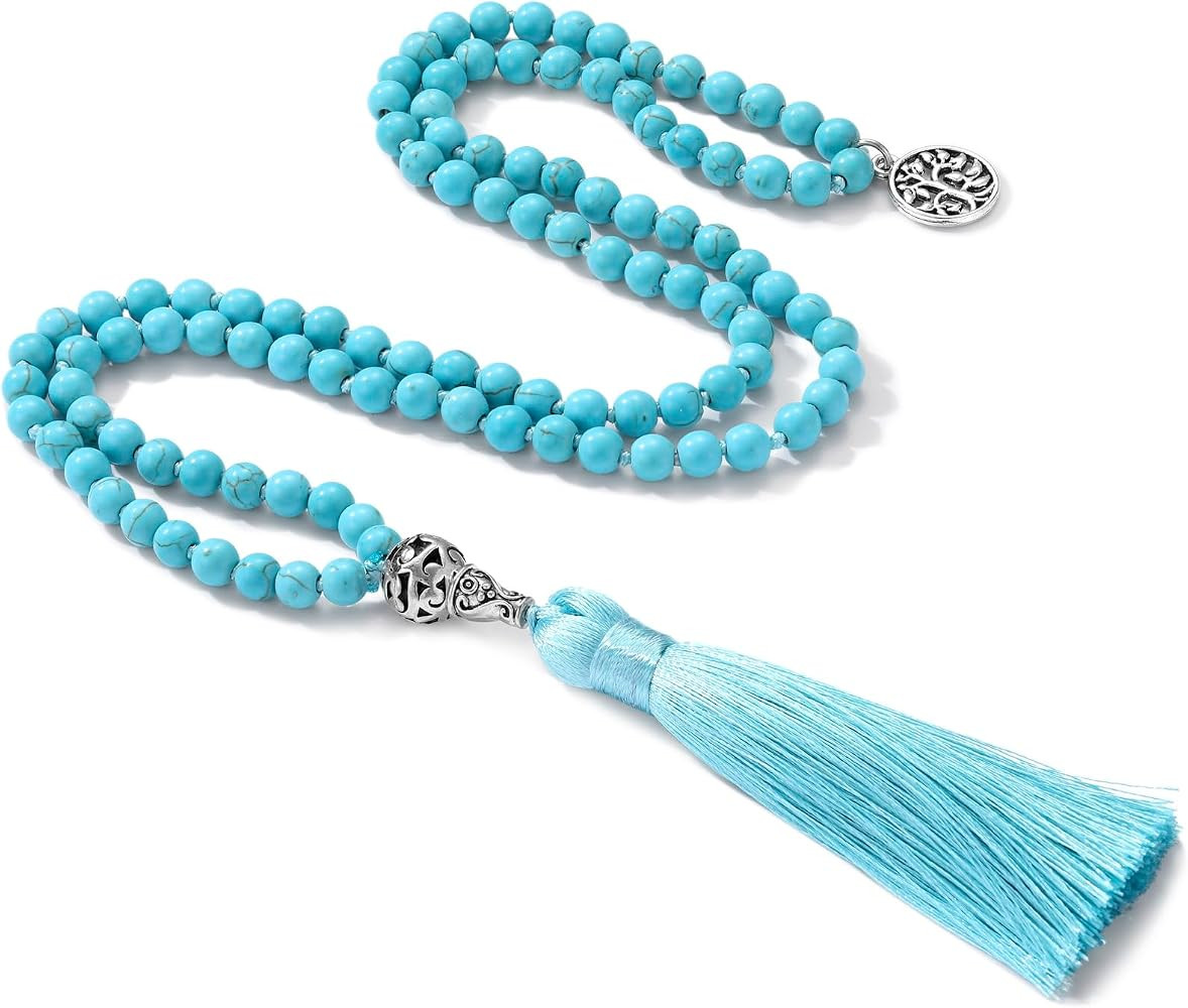 INBLUE 108 Mala Prayer Beads Wrap Necklace with Long Tassel Boho Necklace for Women Amazonite Bea... | Amazon (US)