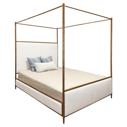 Valerie Modern French Ivory Upholstered Hammered Copper Canopy Bed - King | Kathy Kuo Home