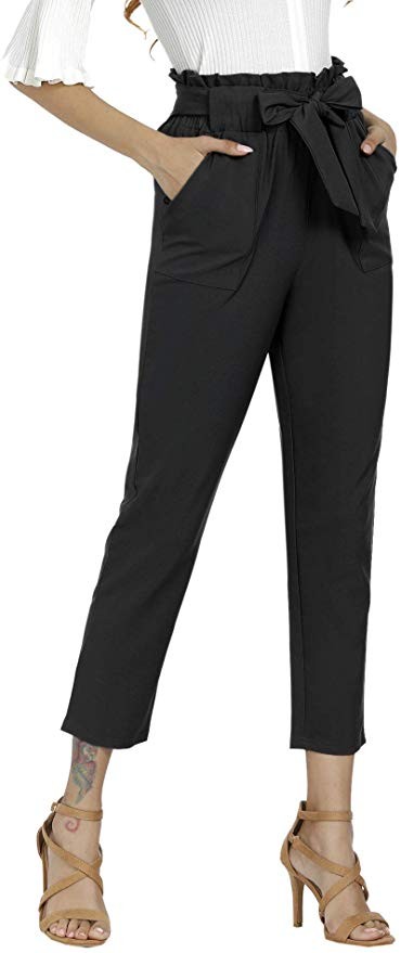 Freeprance Women's Pants Casual Trouser Paper Bag Pants Elastic Waist Slim Pockets | Amazon (US)