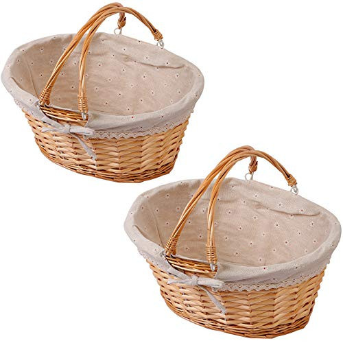 KINJOEK 2 Packs Wicker Woven Basket, 13" x 9" x 4.8" Multipurpose Natural Willow Basket with Handle Premium Linen Cotton Cloth Lining for Storage and Decoration, Natural | Amazon (US)