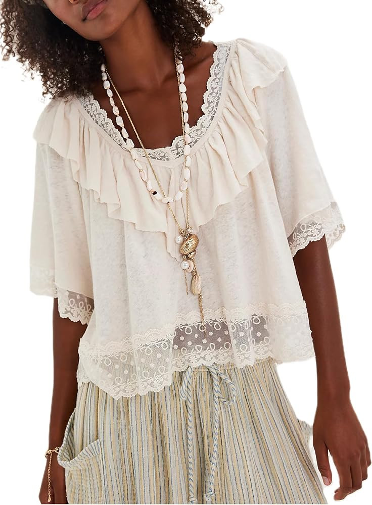 Women Flowy Tie Front Tops Boho Beach Sheer Lace Ruffle Shirts Fashion Short Sleeve Embroidered E... | Amazon (US)
