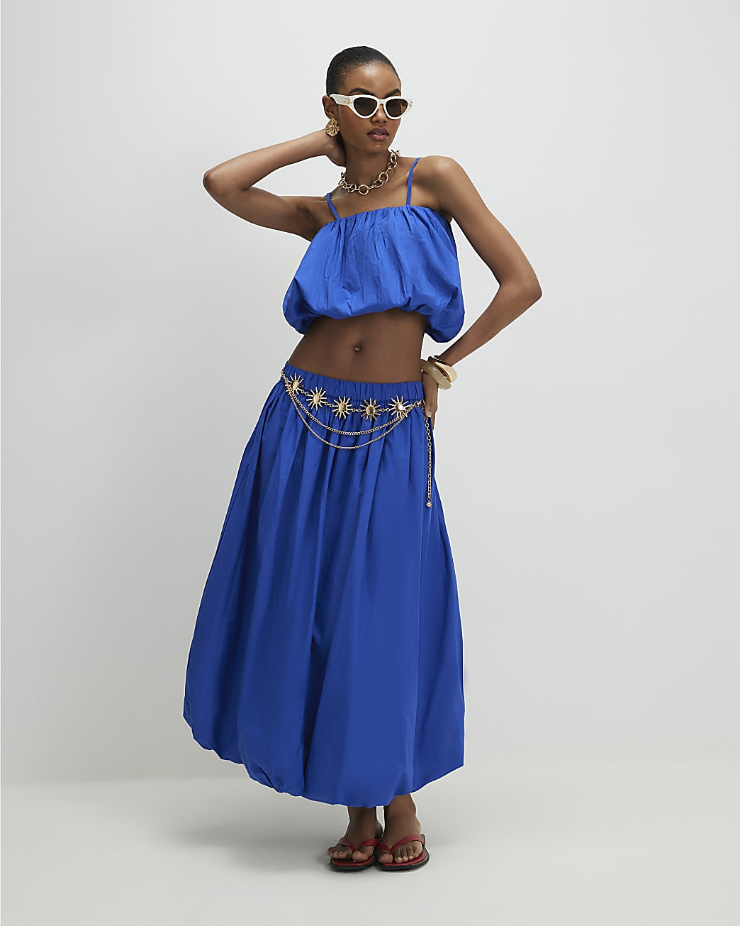 Blue Poplin Bubble Hem Skirt | River Island UK & IE