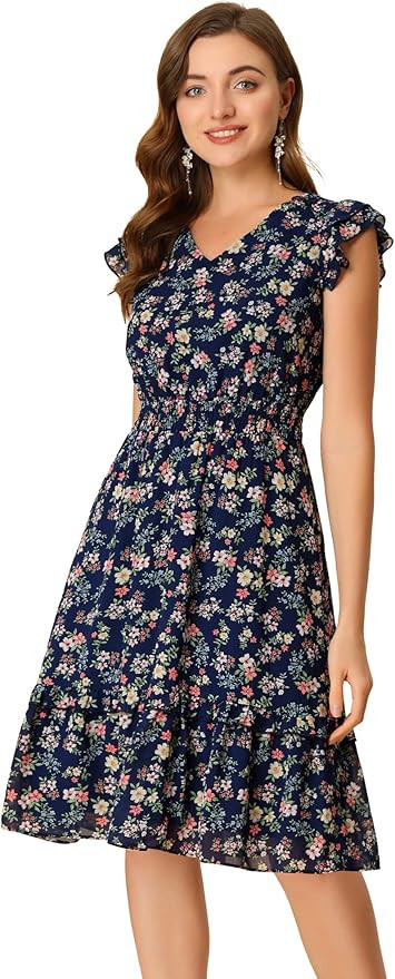 Allegra K Women's Floral Dress Flutter Sleeves 2023 V Neck Smocked Ruffle Dress | Amazon (US)
