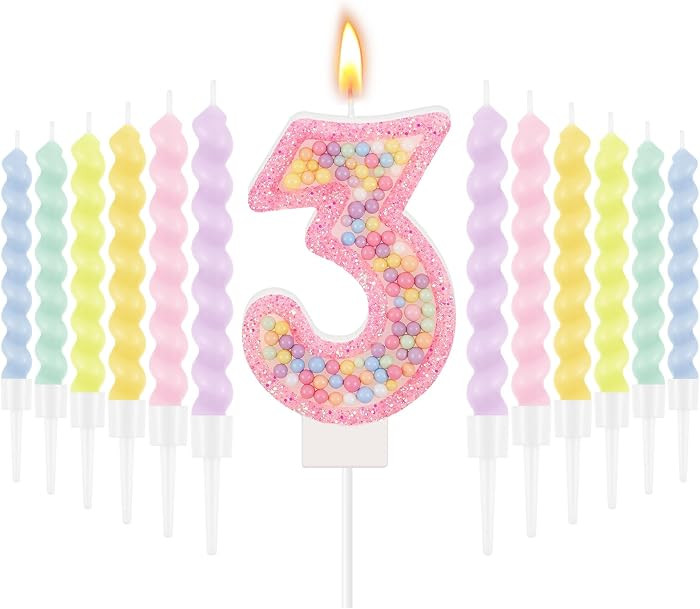 MTLEE Pink Macaron Number 3 Birthday Candle with 12 Rainbow Spiral Candles | Amazon (US)