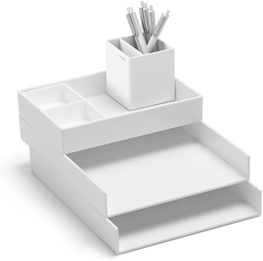 Poppin Super Stacked Desk Set - White, Two Letter Trays, Accessory Tray, Silicone This + That Tra... | Amazon (US)