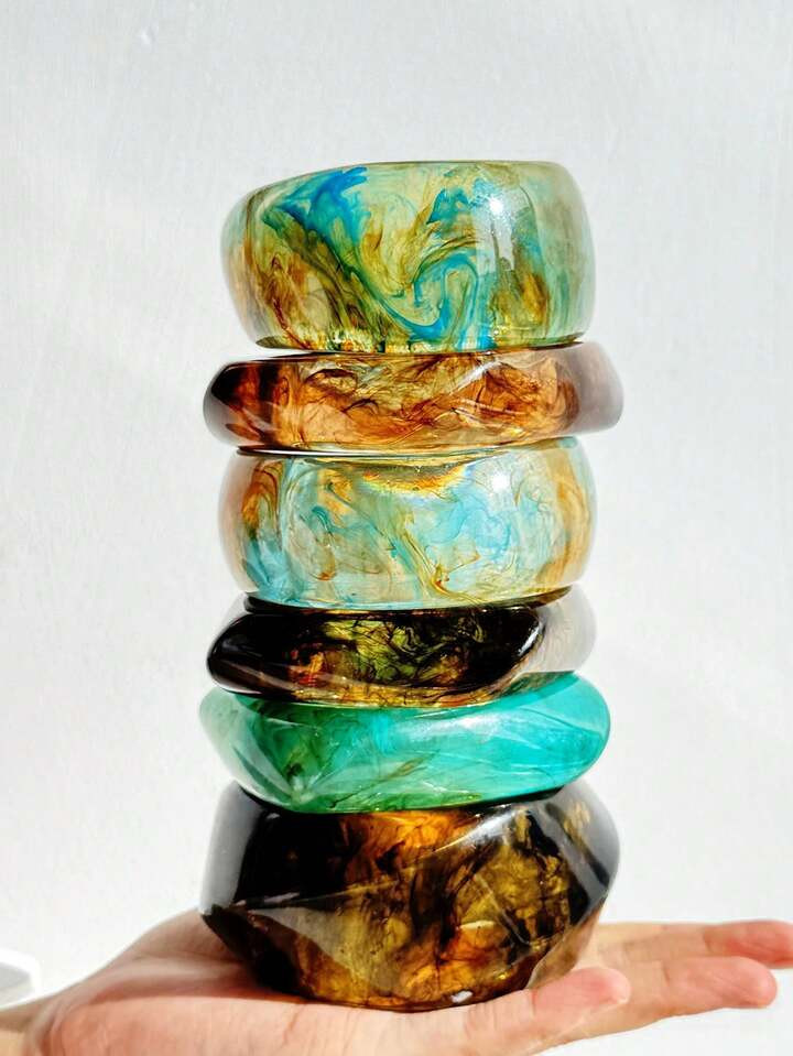 1pc Asymmetrical Brown-Green Tie Dye Resin Bracelet, Vintage Geometric Square Wide Resin Bracelet... | SHEIN