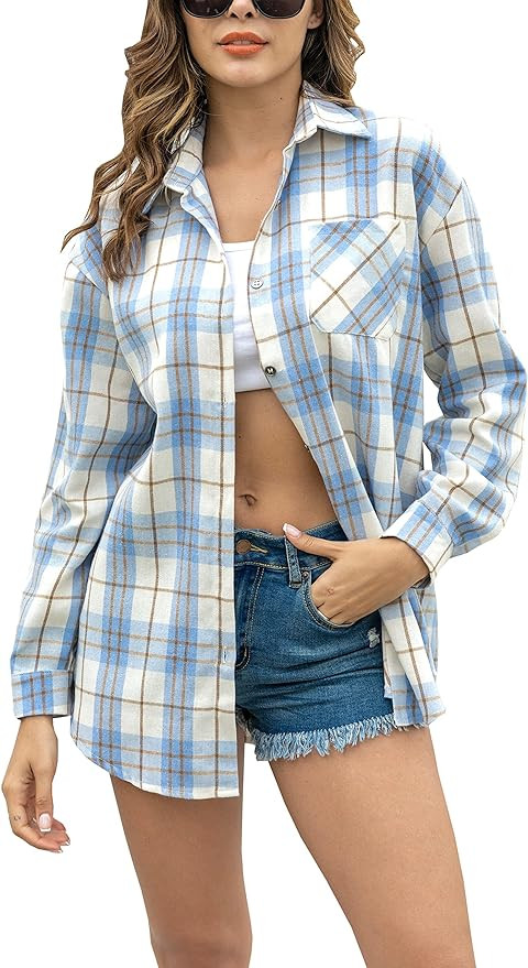 Megfie Oversized Womens Flannel Plaid Soft Flannel Button Down Shirt Roll Up Long Sleeve Flannel ... | Amazon (US)