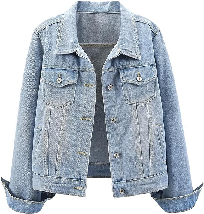Ladyful Women's Bride Casual Jean Jacket Distressed Ripped Denim Jacket Coat with Pockets | Amazon (US)