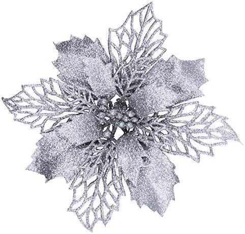 24 Pcs Christmas Silver Glittered Mesh Holly Leaf Artificial Poinsettia Flowers Picks Tree Orname... | Amazon (US)