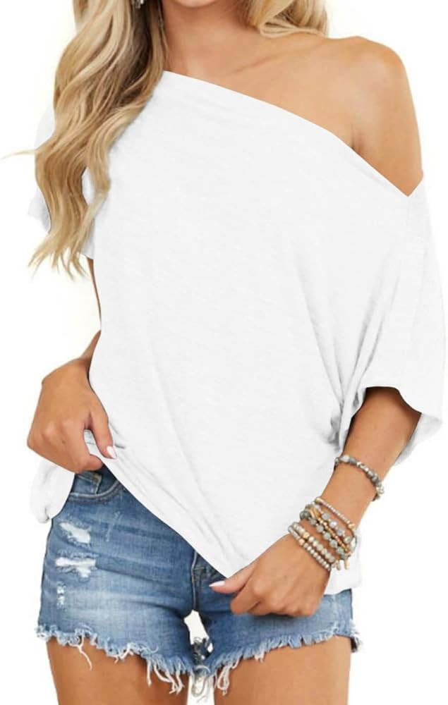 REVETRO Womens Sexy Off The Shoulder Tops Summer Short Batwing Sleeve Loose T-Shirts | Amazon (US)
