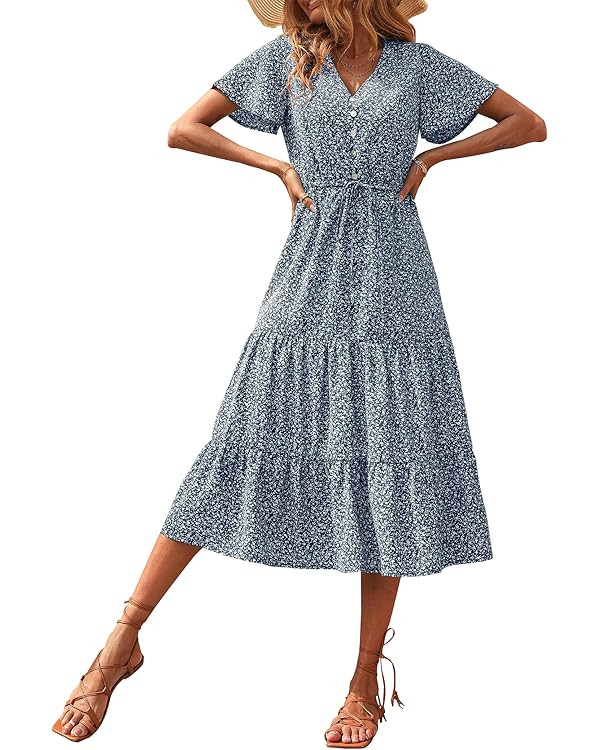 PRETTYGARDEN Women's Floral Boho Dress Casual Short Sleeve V Neck Ruffle Tiered 2023 Summer Swing... | Amazon (US)