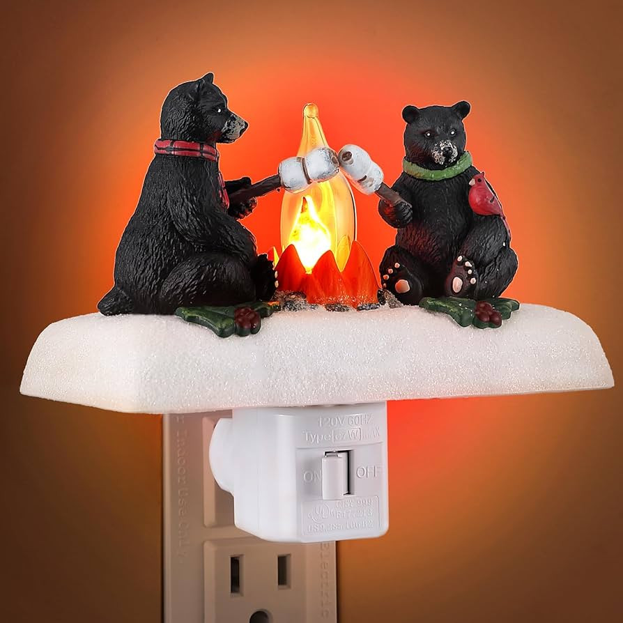 Hiboom Christmas Plug in Night Light, Features 2 Cute Black Bears Roasting Marshmallows by a Flic... | Amazon (US)