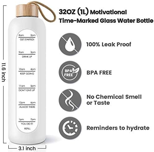 PROBTTL 32 Oz Borosilicate Glass Water Bottle with Time Marker Reminder Quotes, Leak Proof Reusable  | Amazon (US)