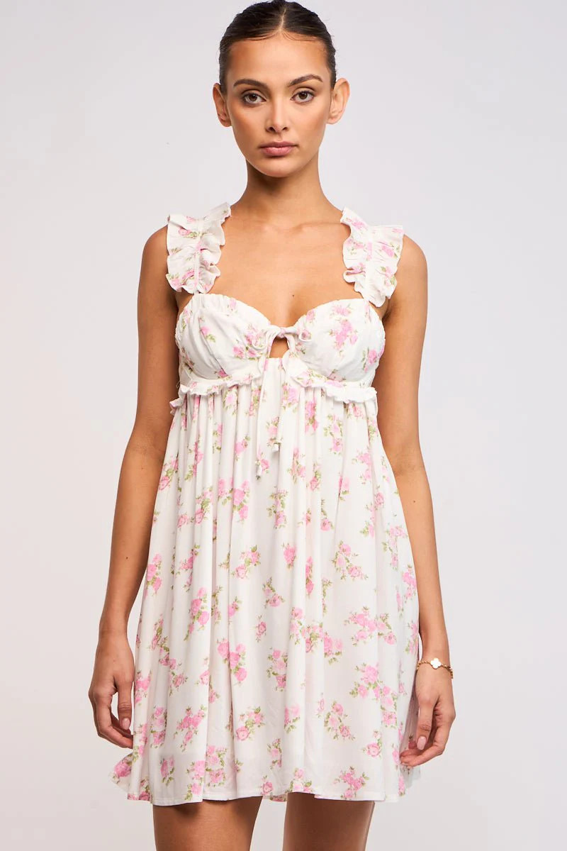Lulu White and Pink Floral Ruffle Mini Dress | Boho Pink