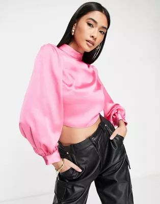 River Island tie back high neck blouse is pink | ASOS (Global)