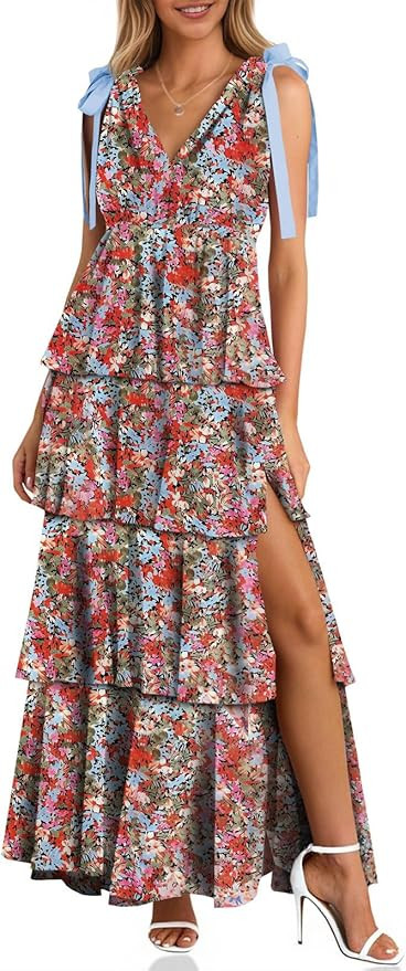 Wenrine Womens Summer Floral Maxi Dress Tie Strap Sleeveless V Neck High Slit Boho Ruffle Tiered ... | Amazon (US)