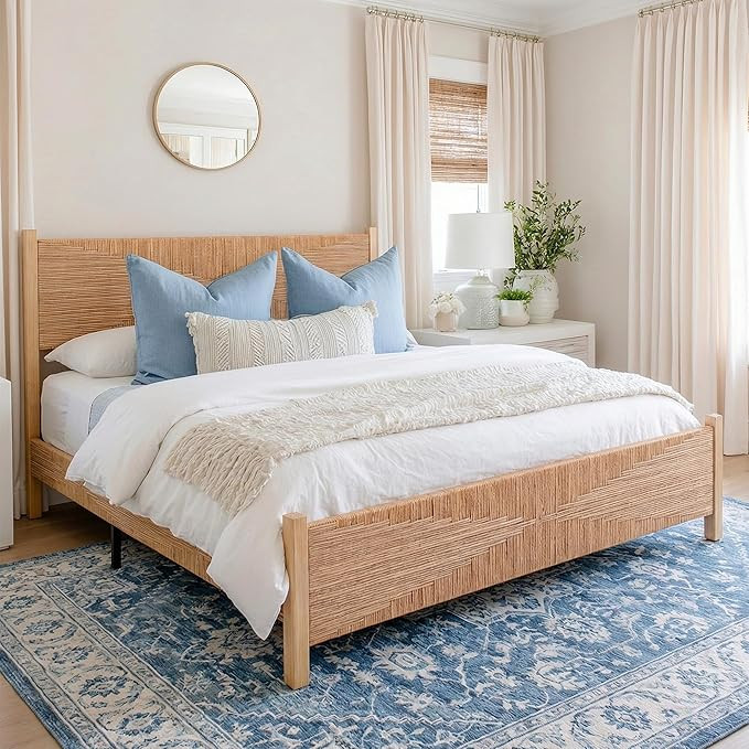 Yechen Solid Wood Rattan King Bed Frame with Tall Headboard and Footboard, Mid Century Modern Han... | Amazon (US)