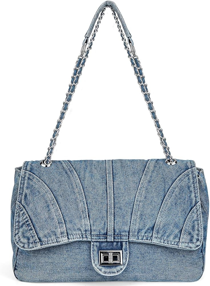Denim Purse for Women Trendy Jean Purses Large Denim Tote Bag Fashion Crossbody Bags with chain | Amazon (US)