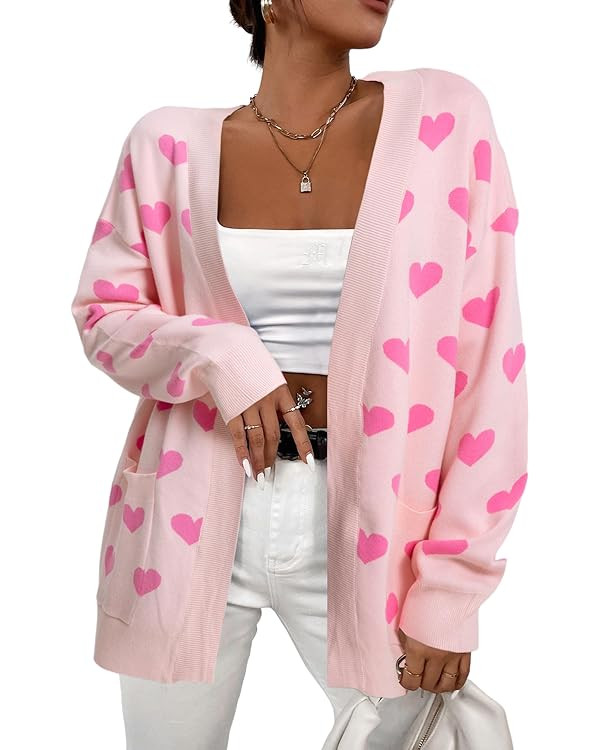 Heart Cardigan Valentines Sweater Women: Valentine Cardigan Love Print Open Front Knit Sweaters O... | Amazon (US)