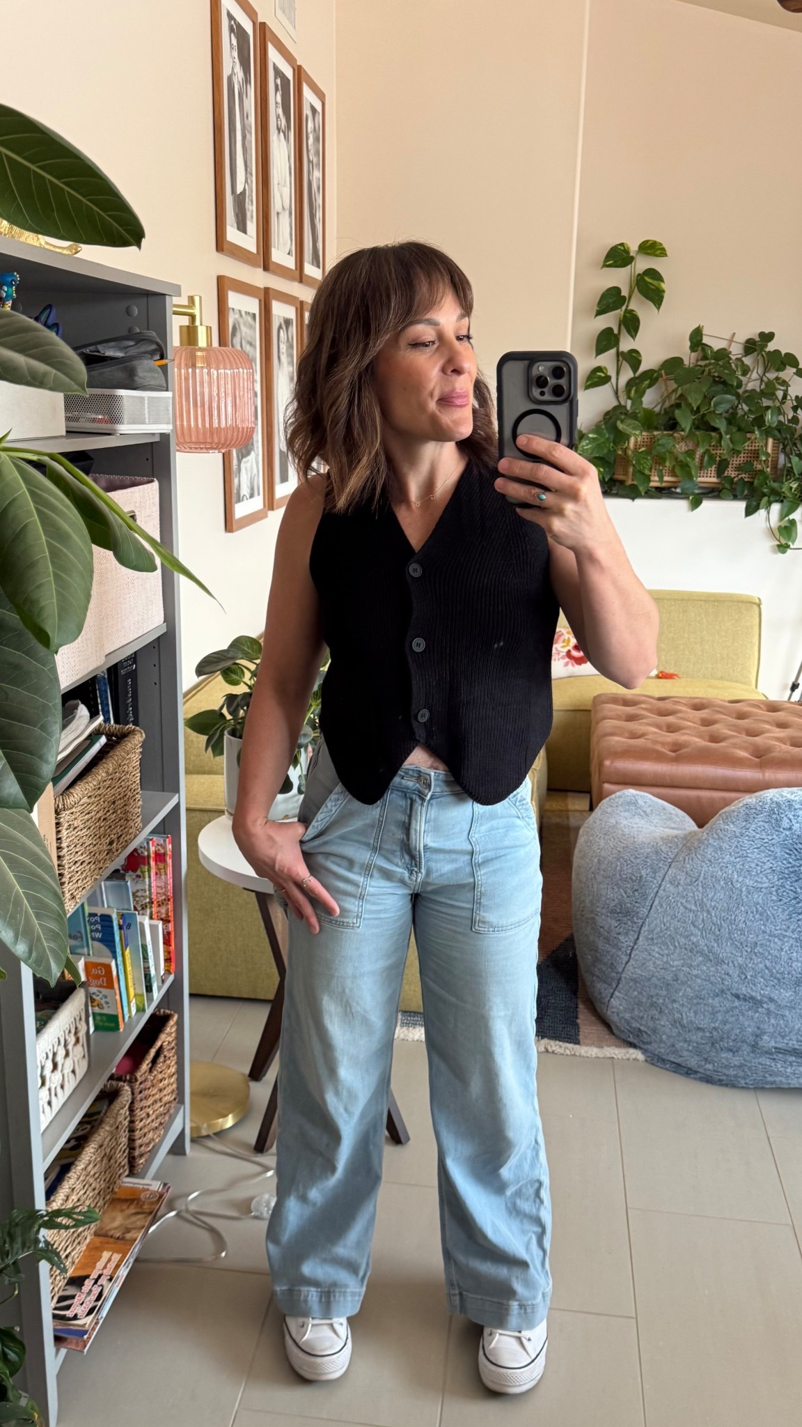 Top: Wish I had gotten a small in the top. Never know with these lats! 💪

Pants: they do not have the exact match anymore. These are the same material, color and vibe though! 

Shoes: my fave. They give me a little height and come in wide!! Size down! 