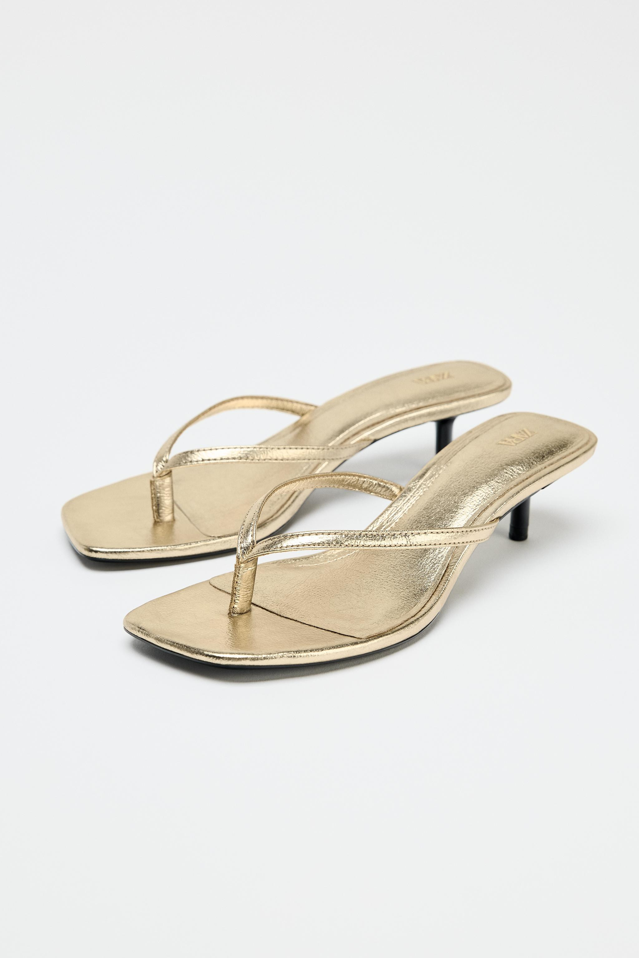METALLIC KITTEN-HEEL SANDALS | Zara UK