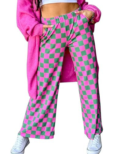 Ymejia Womens Wide Leg Checkered Pants High Waist Elastic Casual Loose Fit Straight Leg Gingham Streetwear Pants Hot Pink | Amazon (US)