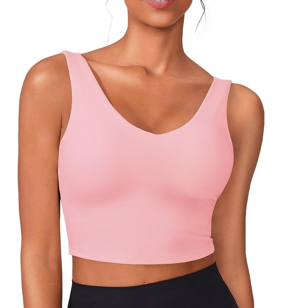 PINSPARK Sports Bras for Women Built in Bras Padded Yoga Bra V Neck Longline Workout Tank Tops wi... | Amazon (US)