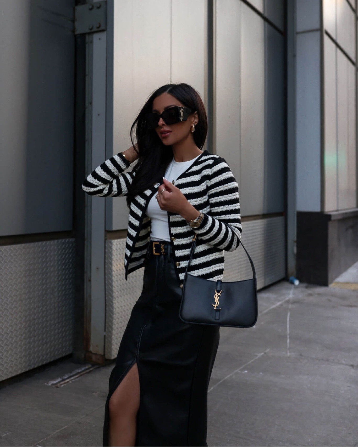Spring workwear outfit ideas 
Nordstrom faux leather midi skirt with slit wearing a size 0
Mango striped cardigan wearing an XS
Saint Laurent bag and sunglasses 


#LTKSeasonal #LTKworkwear #LTKitbag