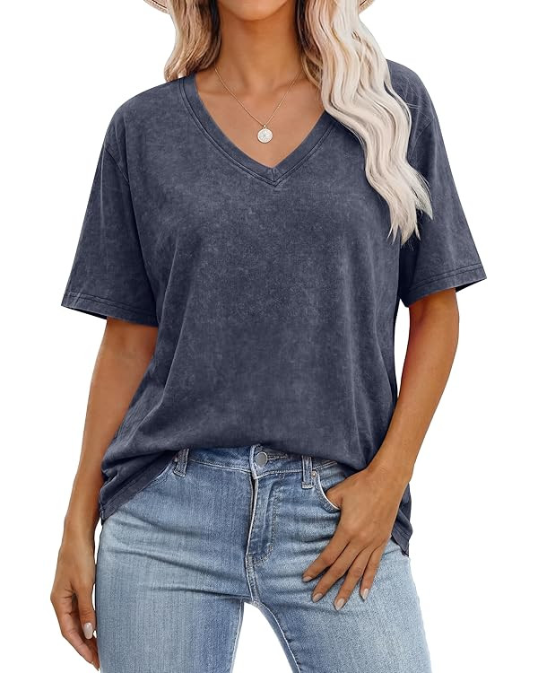ANRABESS Womens Oversized Acid Washed T-Shirt Short Sleeve Vintage Casual V Neck Tops 2026 Summer... | Amazon (US)