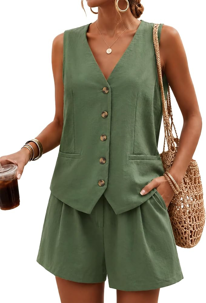 BeryLove Women's Summer 2 Piece Outfits Sleeveless Button Down Lined Vest Shorts Matching Sets wi... | Amazon (US)