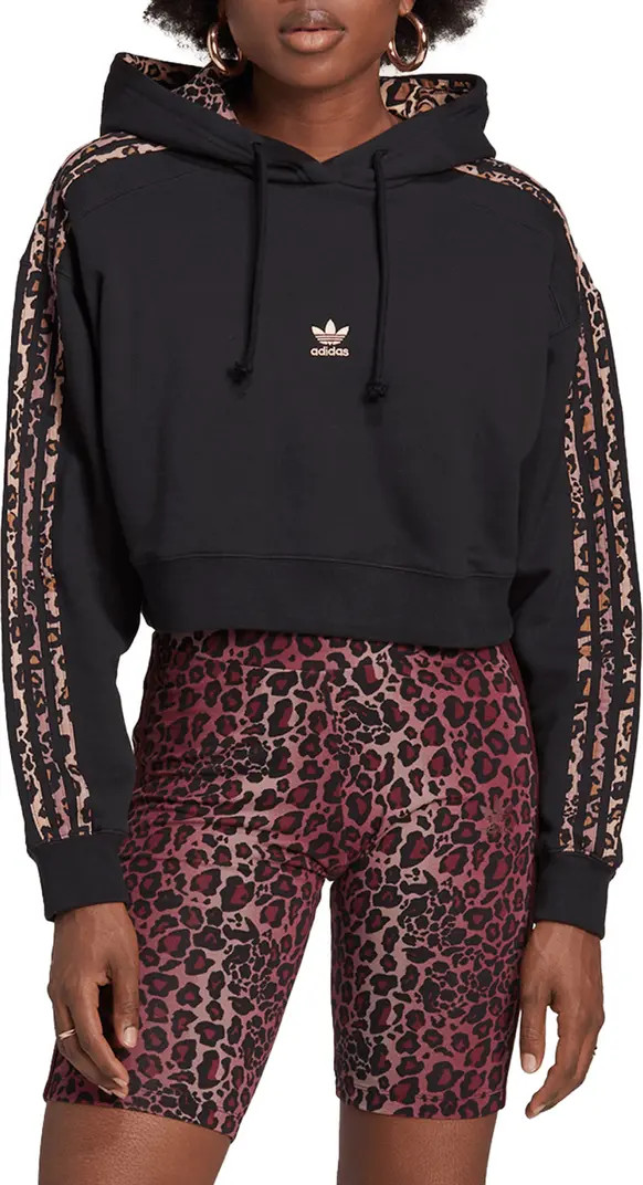 3-Stripes Leopard Print Crop Cotton Hoodie | Nordstrom