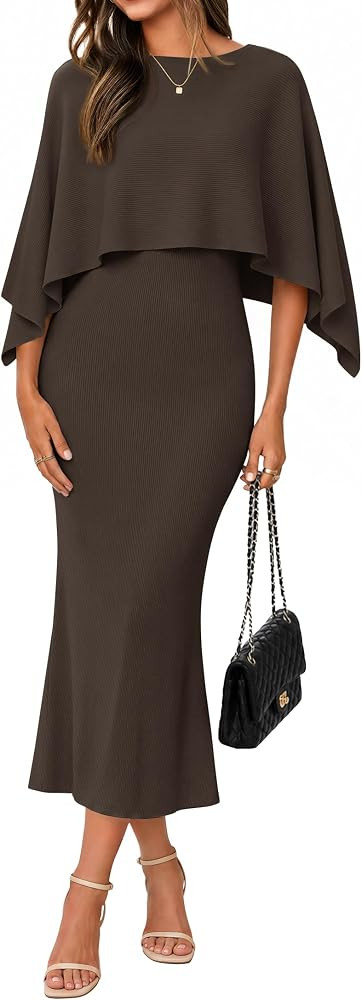 ZESICA Women's Fall Two Piece Outfits Shawl Poncho Sweater Bodycon Dresses | Amazon (US)