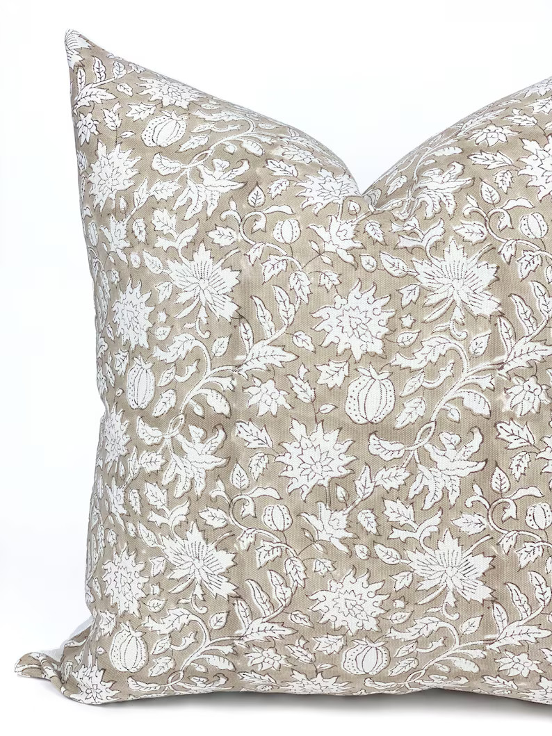 SANDSTONE | Designer Sand Floral Linen Pillow Cover, Block Print Pillow, Farmhouse Pillow, Neutra... | Etsy (US)