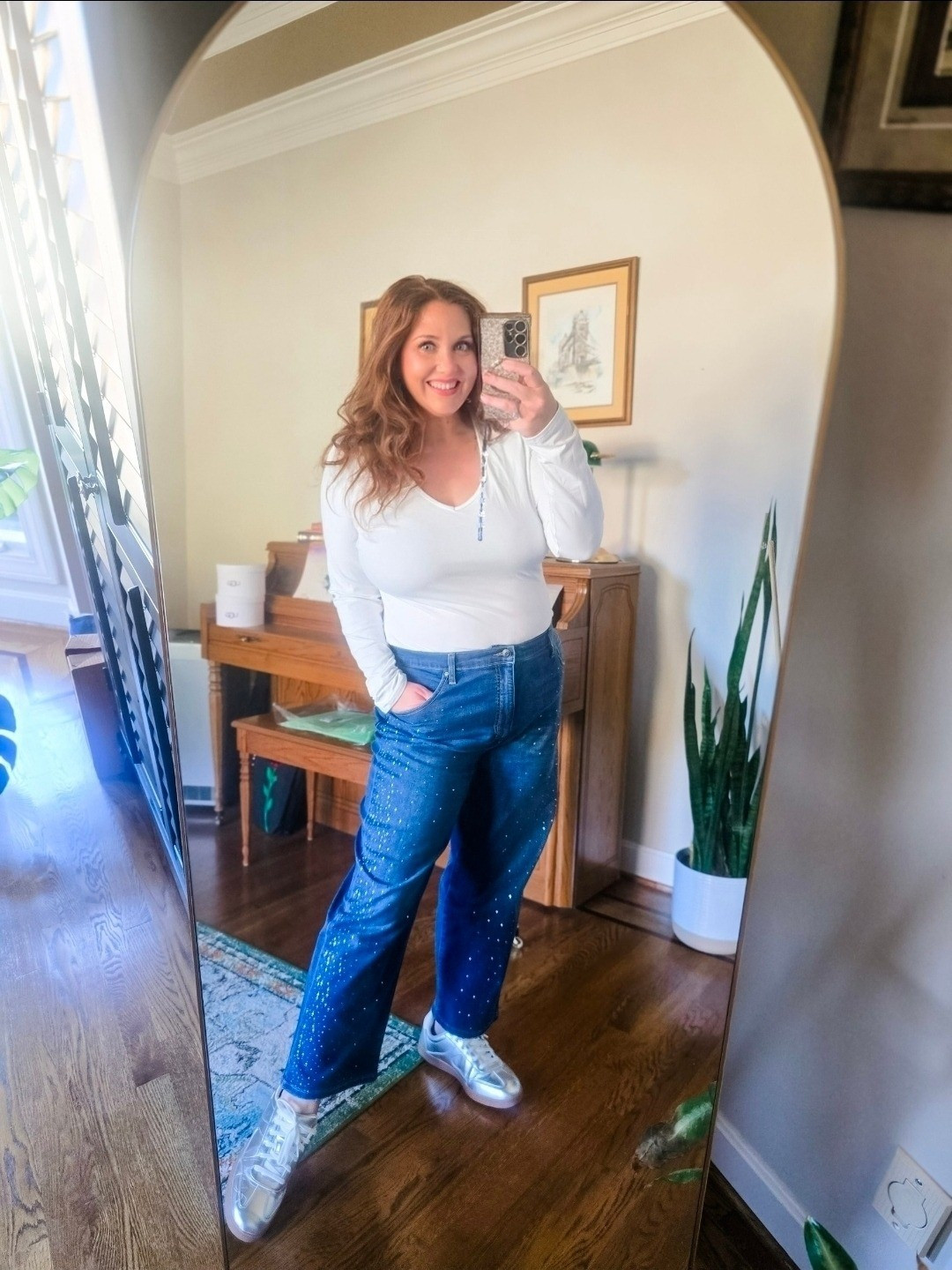 I have donated whole totes of jeans that are too big for me now. So much wasted $. I snagged these for under $30 and yes they have sparkle rhinestones! #budget #walmartcreator #livinglargeinlilly #jeans #sparkle #holiday #jeans #midsize size 14 pictured*cropped jeans* I am 5'6

#LTKHoliday #LTKMidsize #LTKFindsUnder50