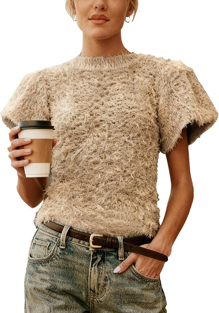 Women's Fuzzy Knit Puff Sleeve Sweater Crew Neck Short Sleeve Cropped Pullover Top Casual Vintage... | Amazon (US)