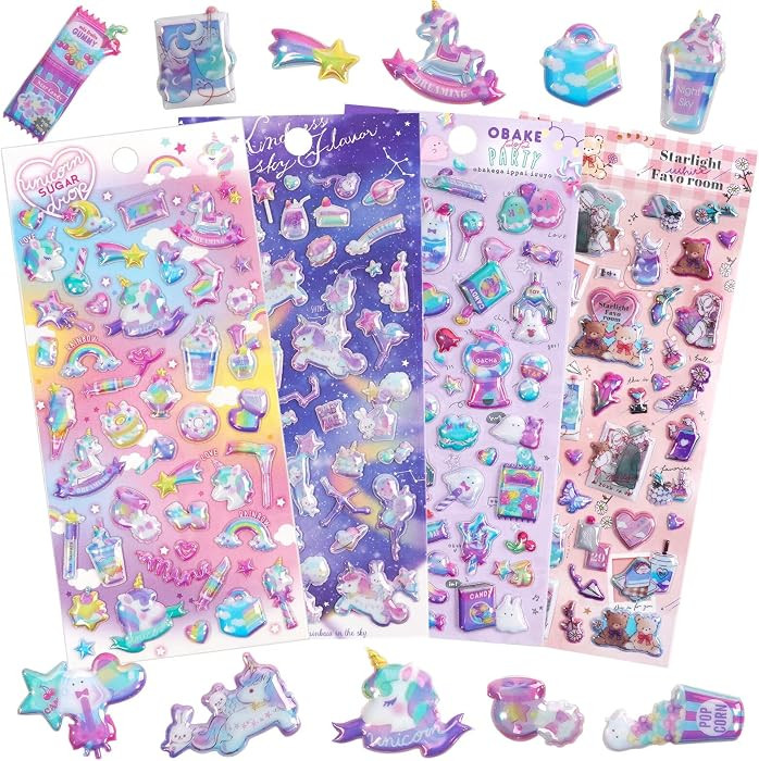 3D Puffy Unicorns Rainbow Stickers for Girls Kids Toddler | Cute Sparkle Stars Moons Clouds and C... | Amazon (US)