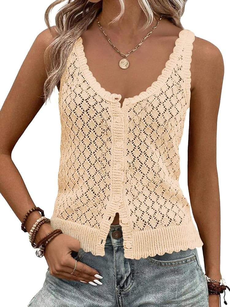 Fisoew Womens Sweater Tank Tops Summer Sleeveless Crochet Cardigan Button Down Boho Knit Going Ou... | Amazon (US)