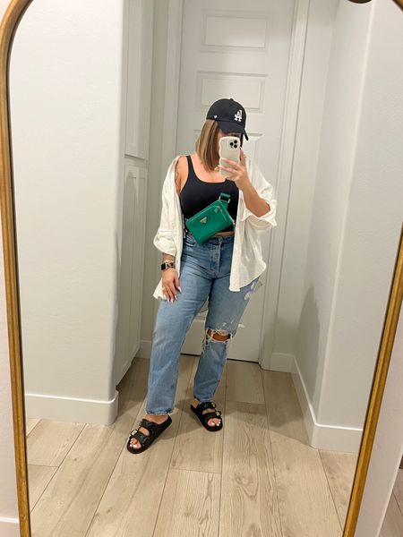 Bra top XL 
Shirt L 
Jeans size 10/30 ( size down if you want them fitted like mine) they run big ! I’m usually a 12/31 or 14/32 in Abercrombie . 
Bag is Prada can’t link here . 
Sandals are old linked several similar options. 


#LTKunder50 #LTKstyletip #LTKsalealert