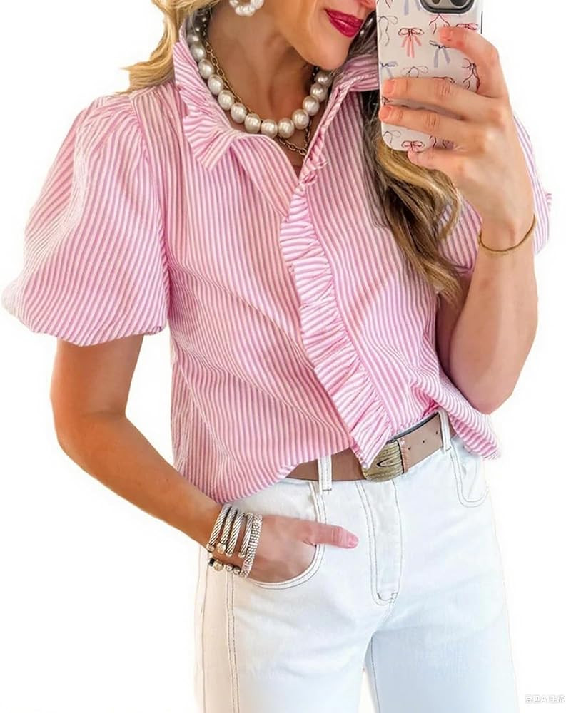 Womens Button Down Shirt Stand Collar Ruffle Top Striped Long Sleeve Shirts Work Tops for Women T... | Amazon (US)