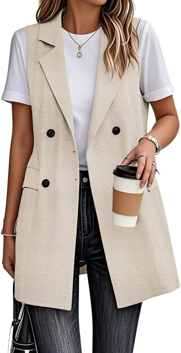 IDEALSANXUN Womens Long Linen Vest Dressy Sleeveless Blazer Jackets Outerwear Tops | Amazon (US)