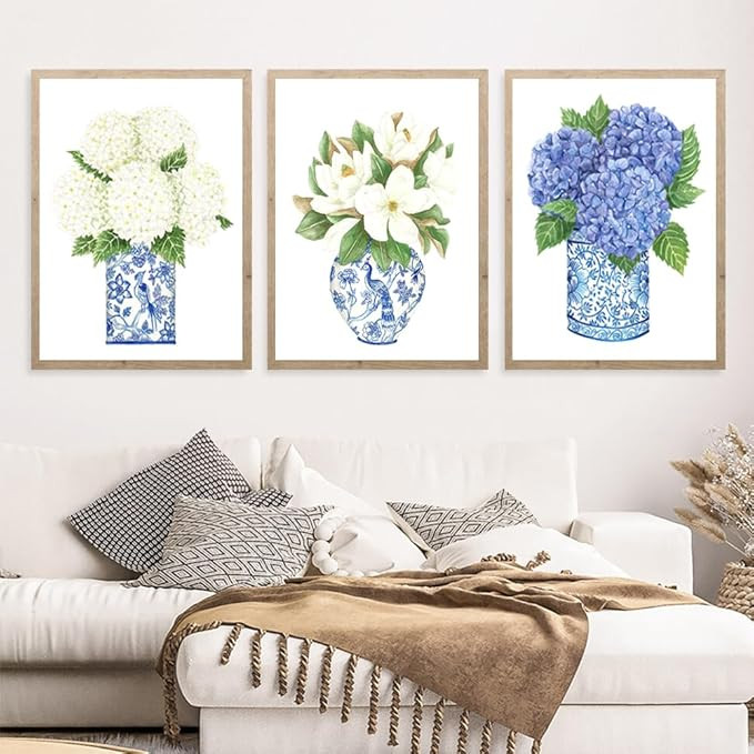Blue White Willow Style Ginger Jar Watercolor Chinoiserie Decor Canvas Painting Orchid Oriental V... | Amazon (US)