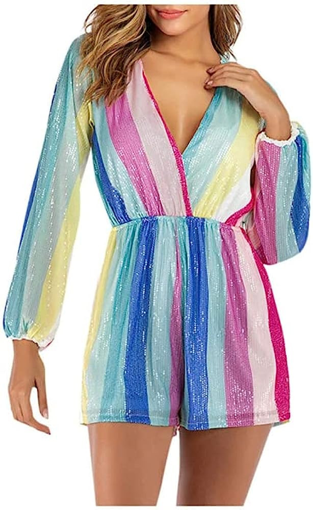 Women V Neck Lantern Sleeve Multicolor Striped Sequin Short Rompers Jumpsuits | Amazon (US)