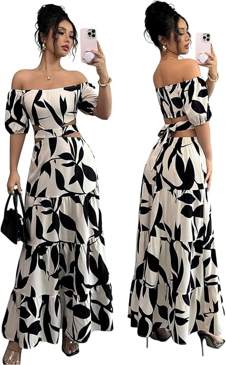 Women's Boho Off The Shoulder Short Sleeve Maxi Dresses Casual Summer Tiered Ruffle Swing Cut Out... | Amazon (US)